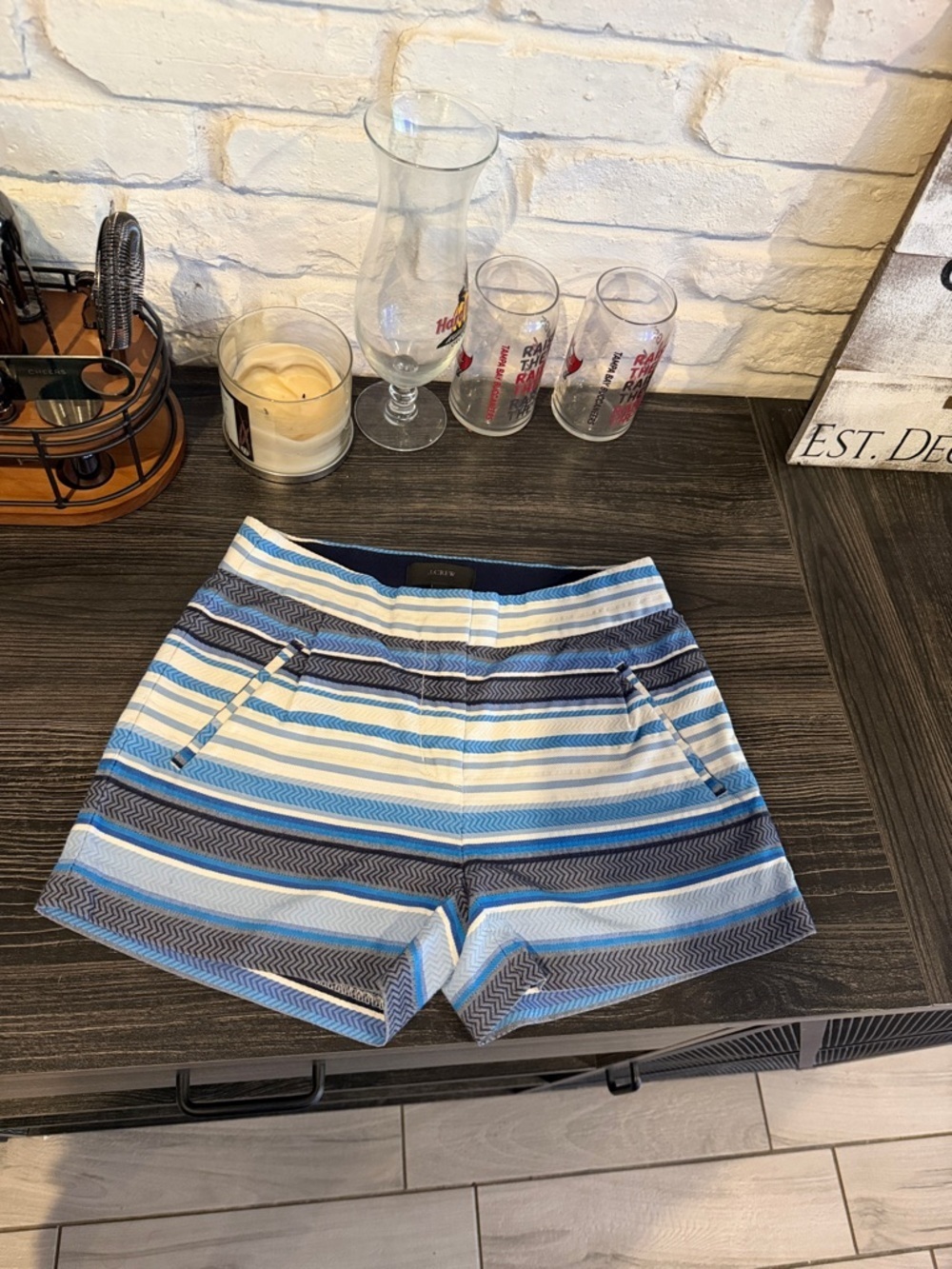J. Crew Blue and White Striped High-Waist Shorts
